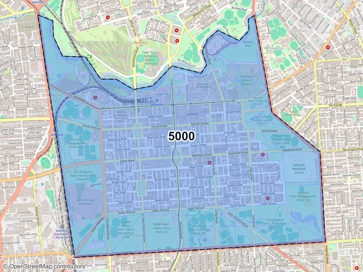 Map of Adelaide, SA, showing its postcode areas as colored shapes and the suburb outline as a dashed line