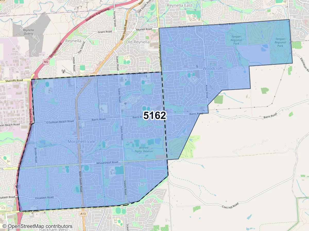 Map of Morphett Vale, SA, showing its postcode areas as colored shapes and the suburb outline as a dashed line