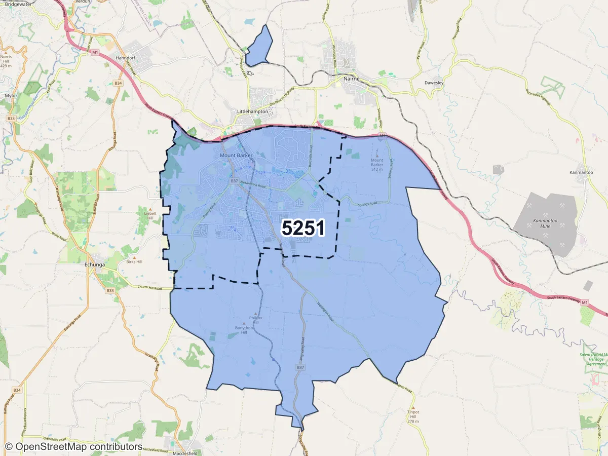 Map of Mount Barker, SA, showing its postcode areas as colored shapes and the suburb outline as a dashed line