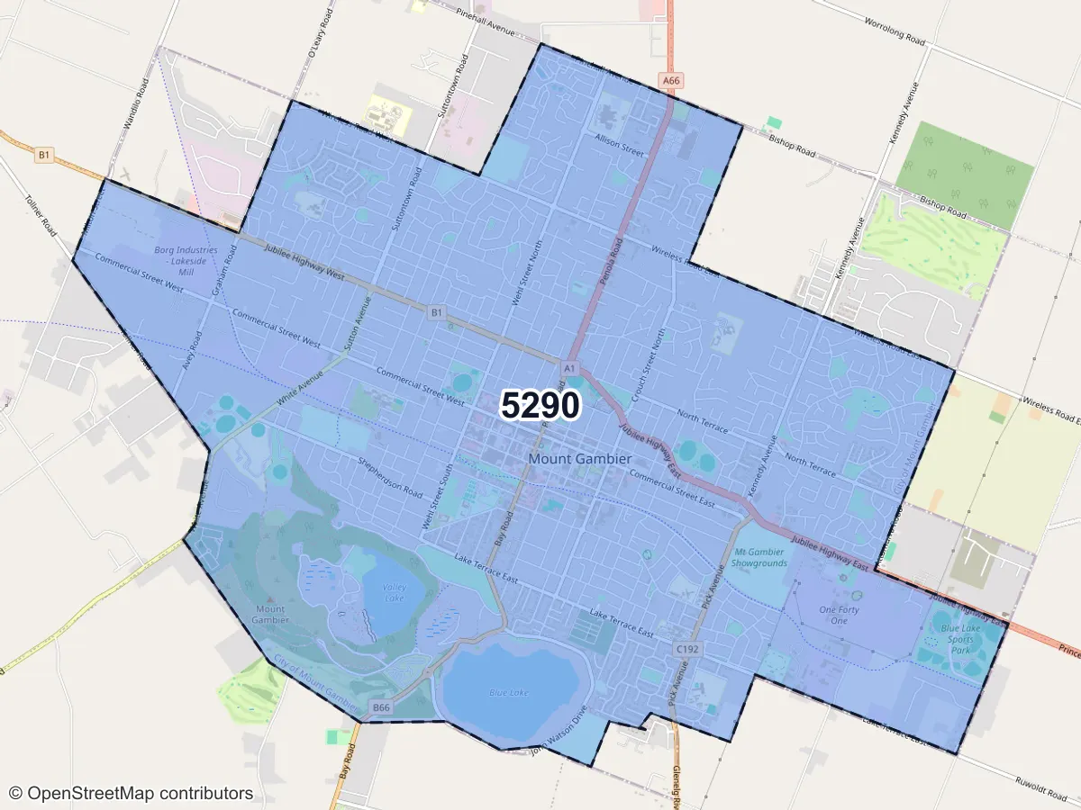 Map of Mount Gambier, SA, showing its postcode areas as colored shapes and the suburb outline as a dashed line