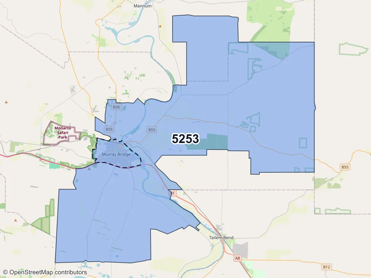 Map of Murray Bridge, SA, showing its postcode areas as colored shapes and the suburb outline as a dashed line
