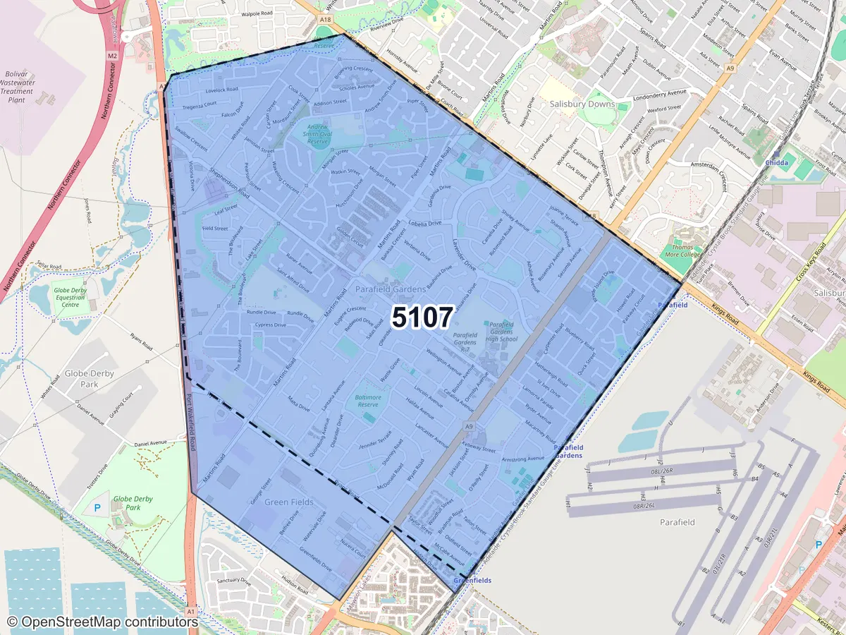 Map of Parafield Gardens, SA, showing its postcode areas as colored shapes and the suburb outline as a dashed line