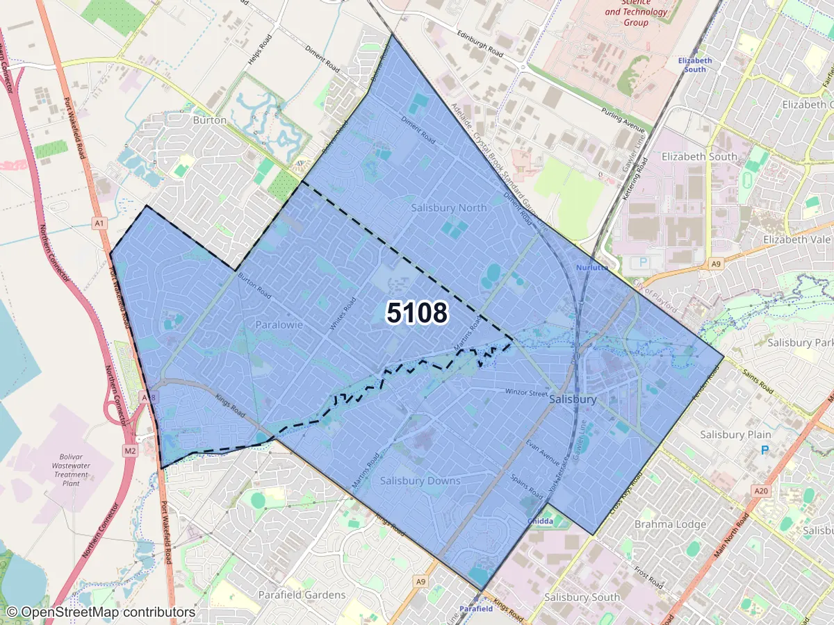 Map of Paralowie, SA, showing its postcode areas as colored shapes and the suburb outline as a dashed line