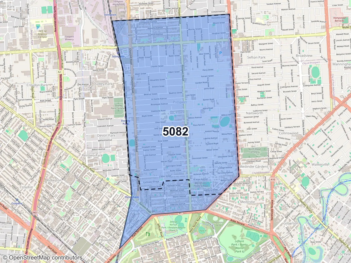 Map of Prospect, SA, showing its postcode areas as colored shapes and the suburb outline as a dashed line