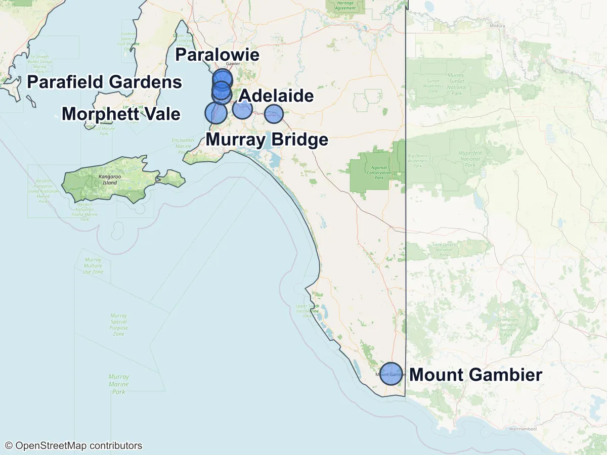 Map of South Australia with a circle for each of its largest suburbs