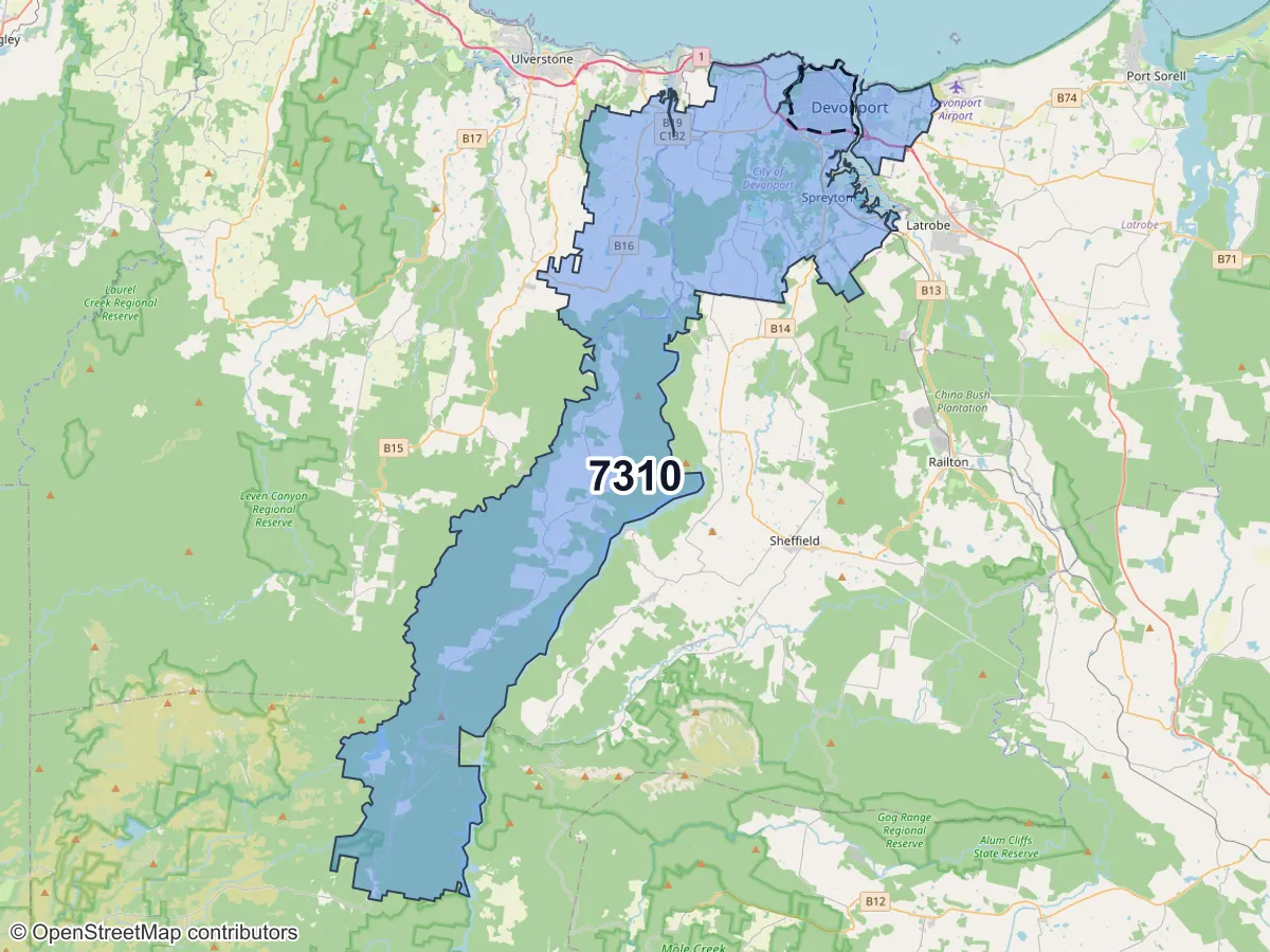 Map of Devonport, TAS, showing its postcode areas as colored shapes and the suburb outline as a dashed line