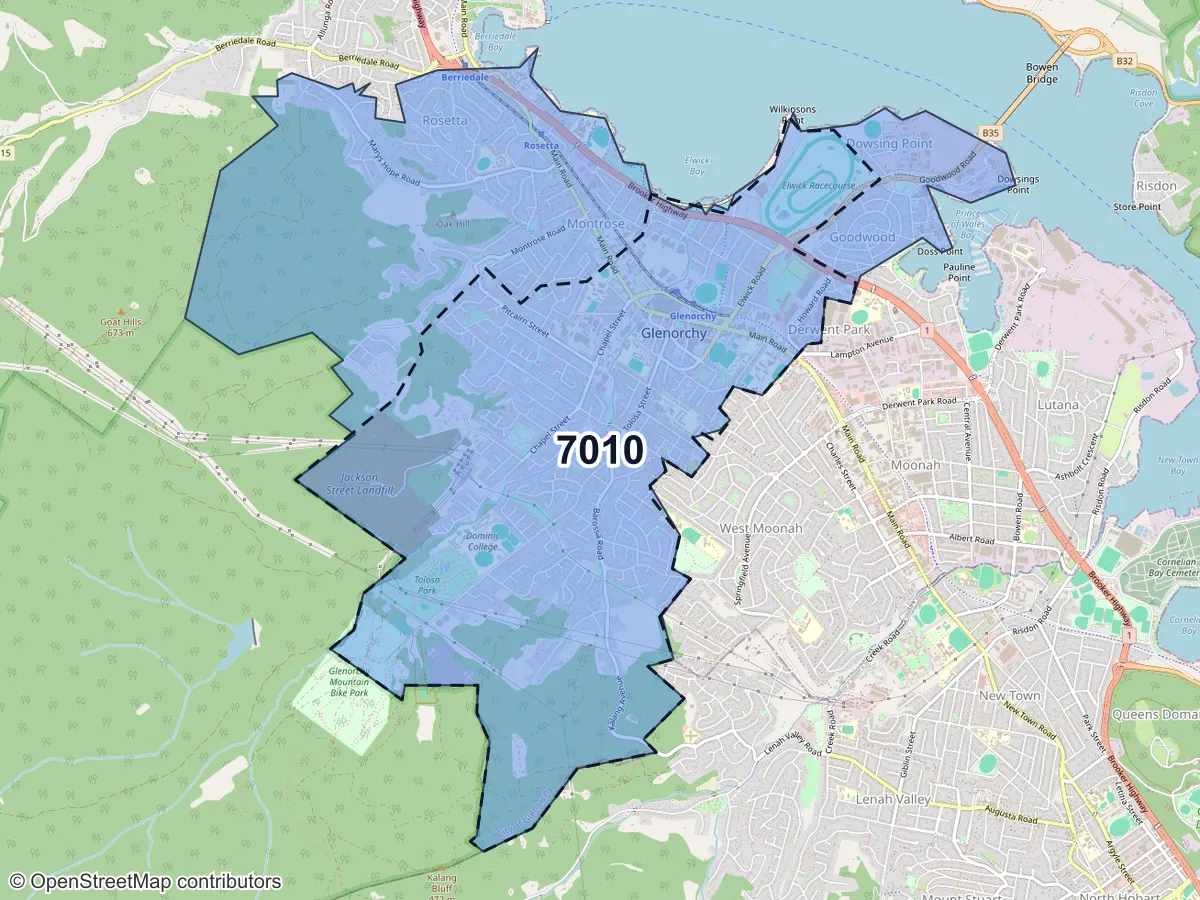 Map of Glenorchy, TAS, showing its postcode areas as colored shapes and the suburb outline as a dashed line