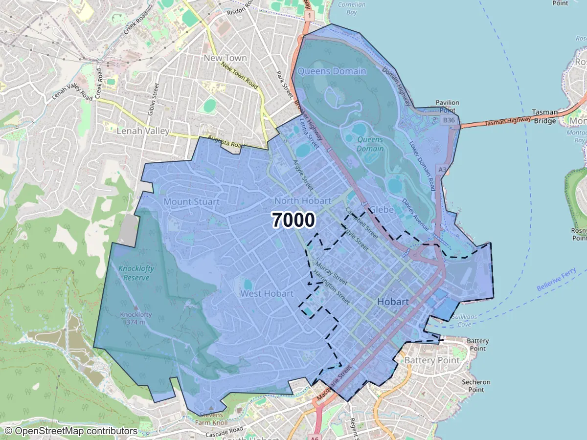 Map of Hobart, TAS, showing its postcode areas as colored shapes and the suburb outline as a dashed line