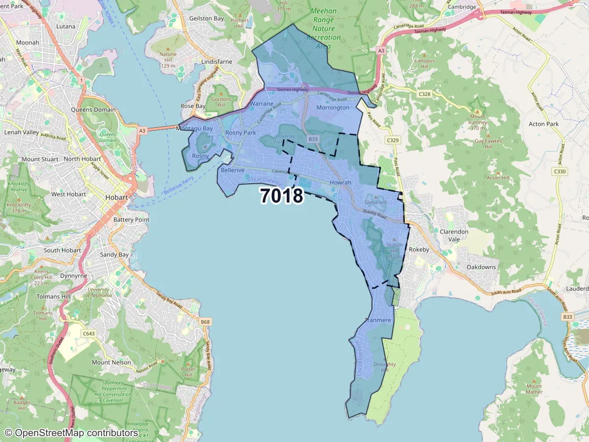 Map of Howrah, TAS, showing its postcode areas as colored shapes and the suburb outline as a dashed line