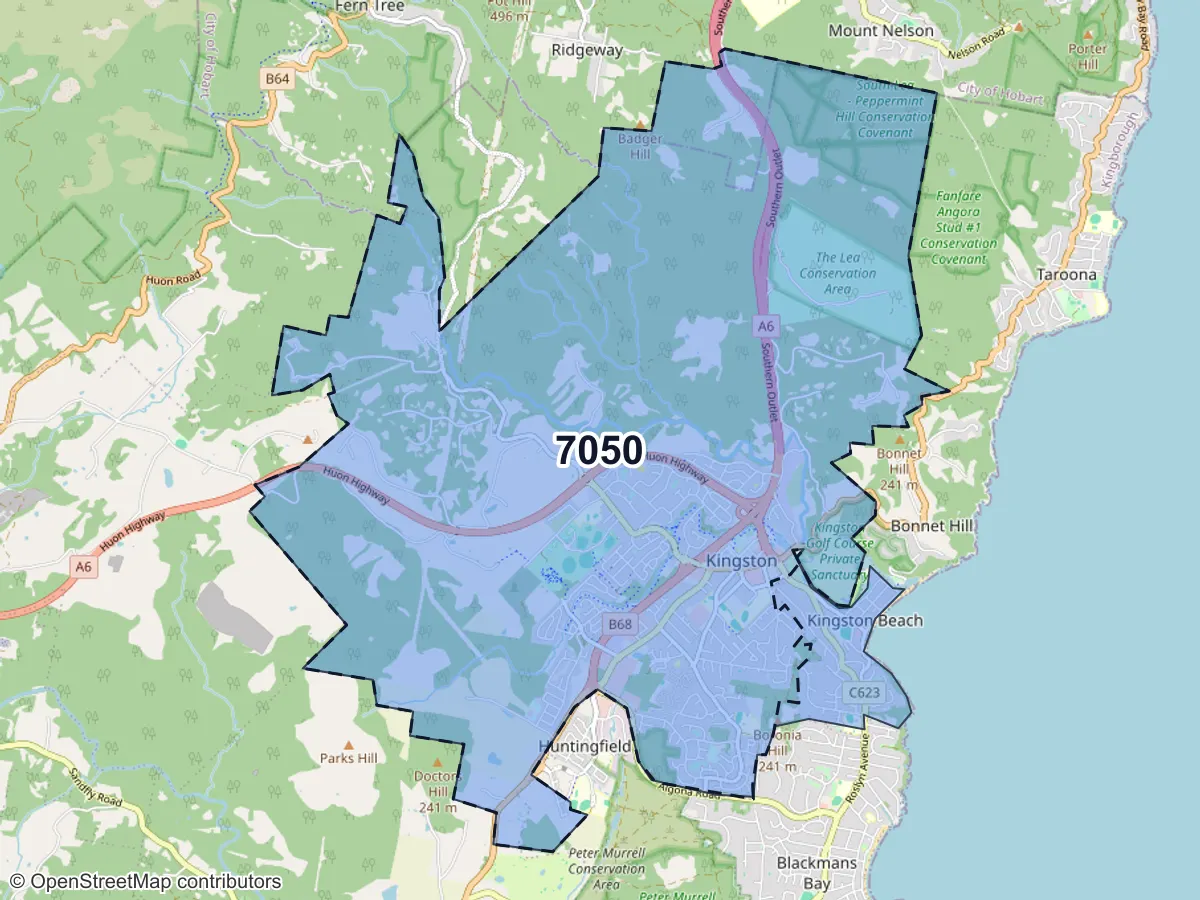 Map of Kingston, TAS, showing its postcode areas as colored shapes and the suburb outline as a dashed line