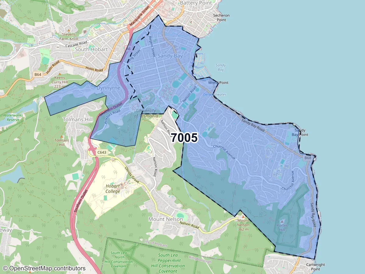 Map of Sandy Bay, TAS, showing its postcode areas as colored shapes and the suburb outline as a dashed line