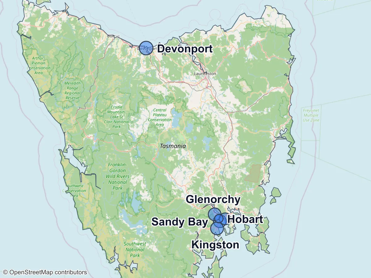 Map of Tasmania with a circle for each of its largest suburbs