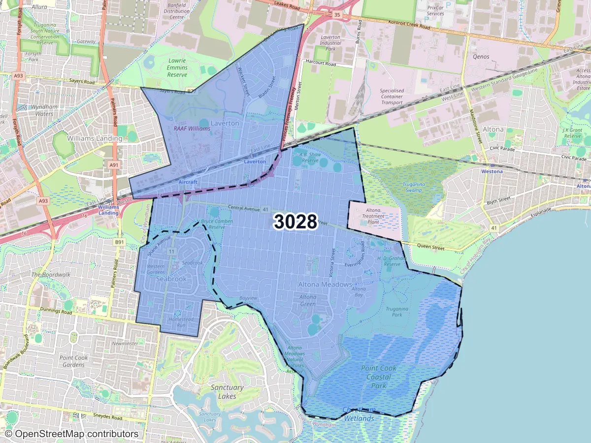 Map of Altona Meadows, VIC, showing its postcode areas as colored shapes and the suburb outline as a dashed line