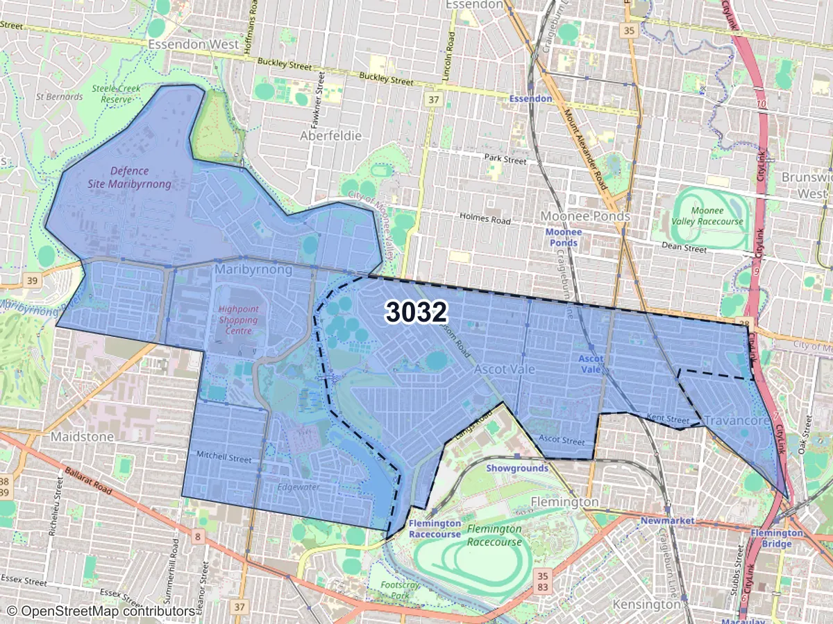 Map of Ascot Vale, VIC, showing its postcode areas as colored shapes and the suburb outline as a dashed line