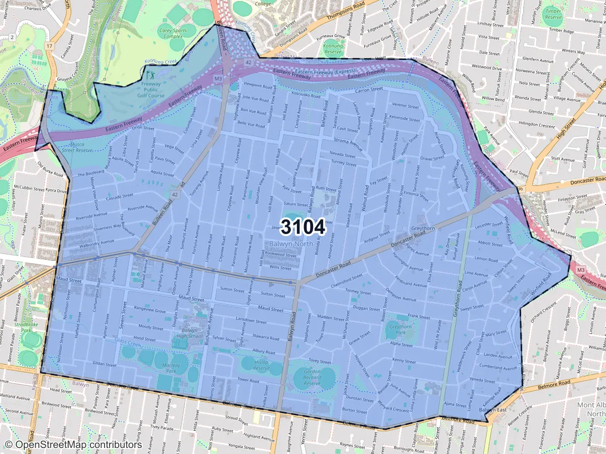 Map of Balwyn North, VIC, showing its postcode areas as colored shapes and the suburb outline as a dashed line