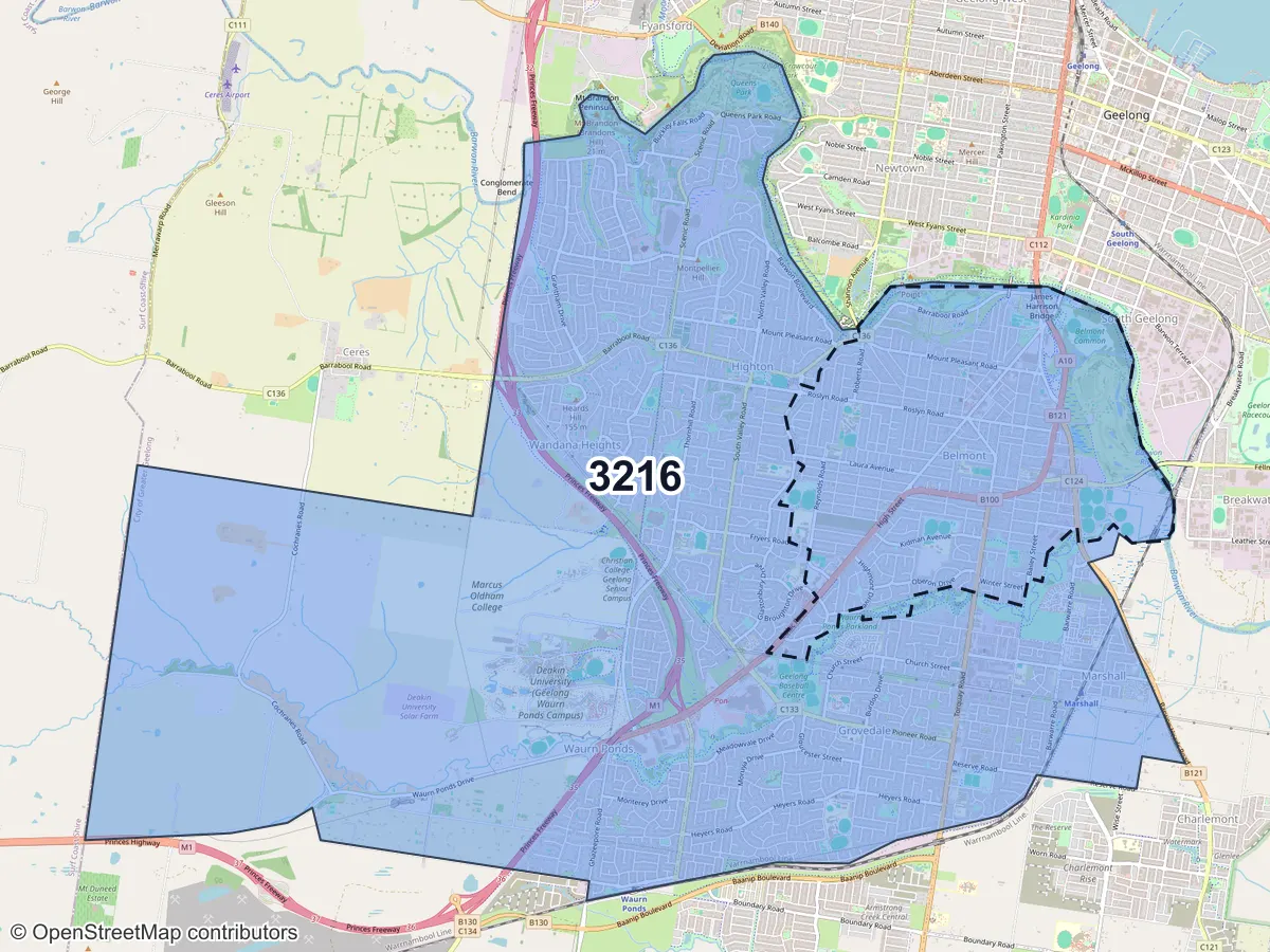 Map of Belmont, VIC, showing its postcode areas as colored shapes and the suburb outline as a dashed line