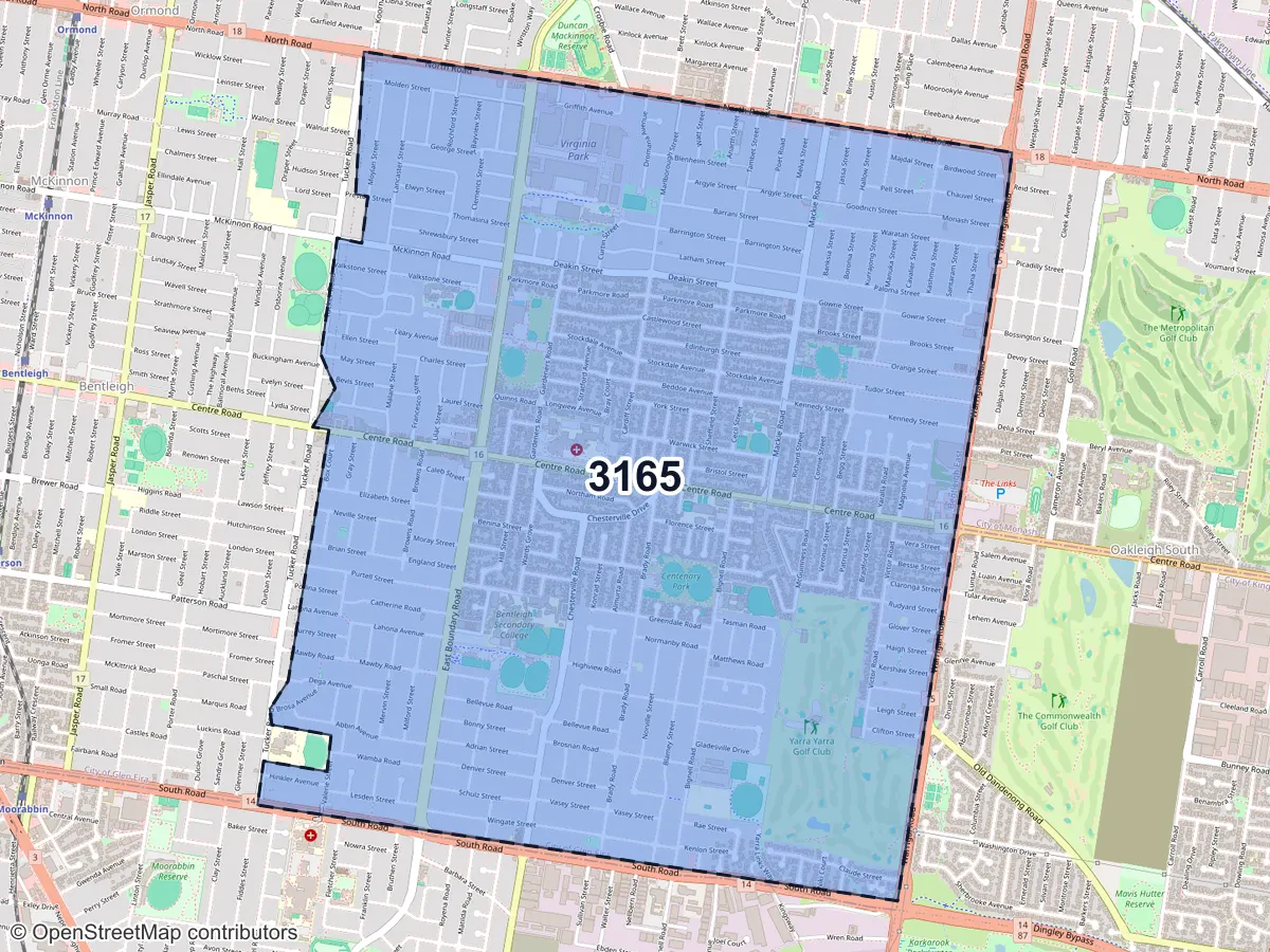 Map of Bentleigh East, VIC, showing its postcode areas as colored shapes and the suburb outline as a dashed line