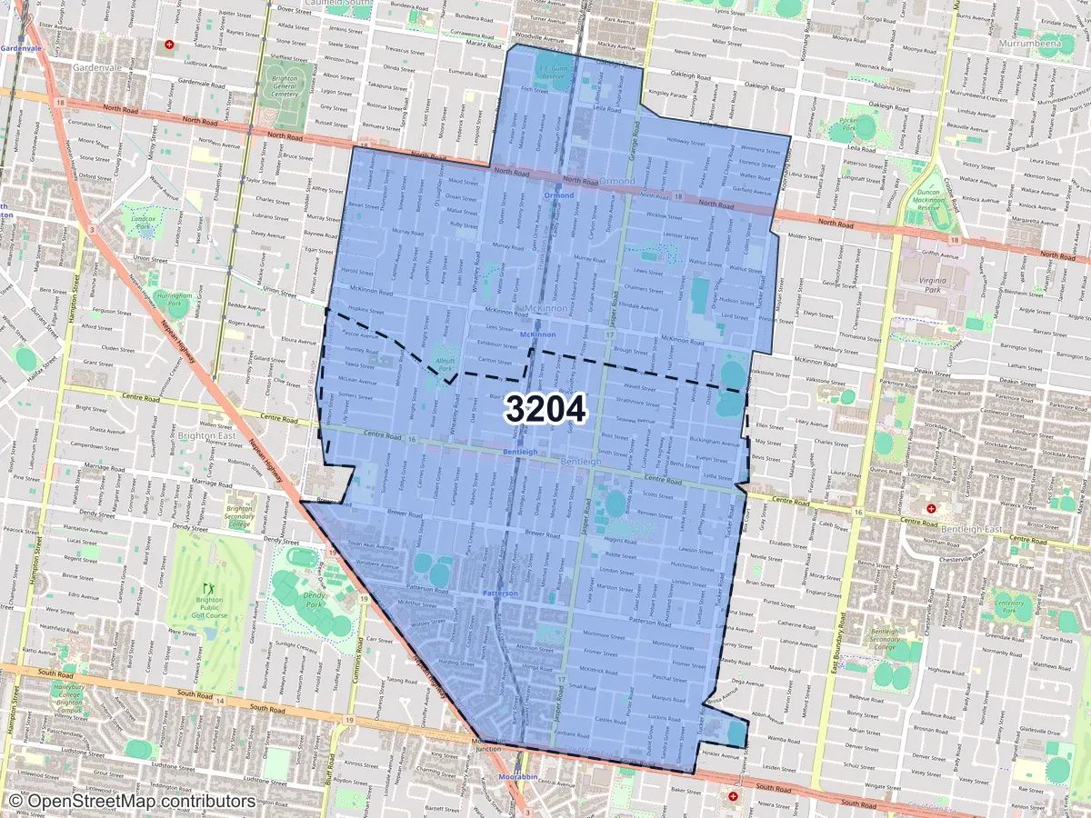 Map of Bentleigh, VIC, showing its postcode areas as colored shapes and the suburb outline as a dashed line