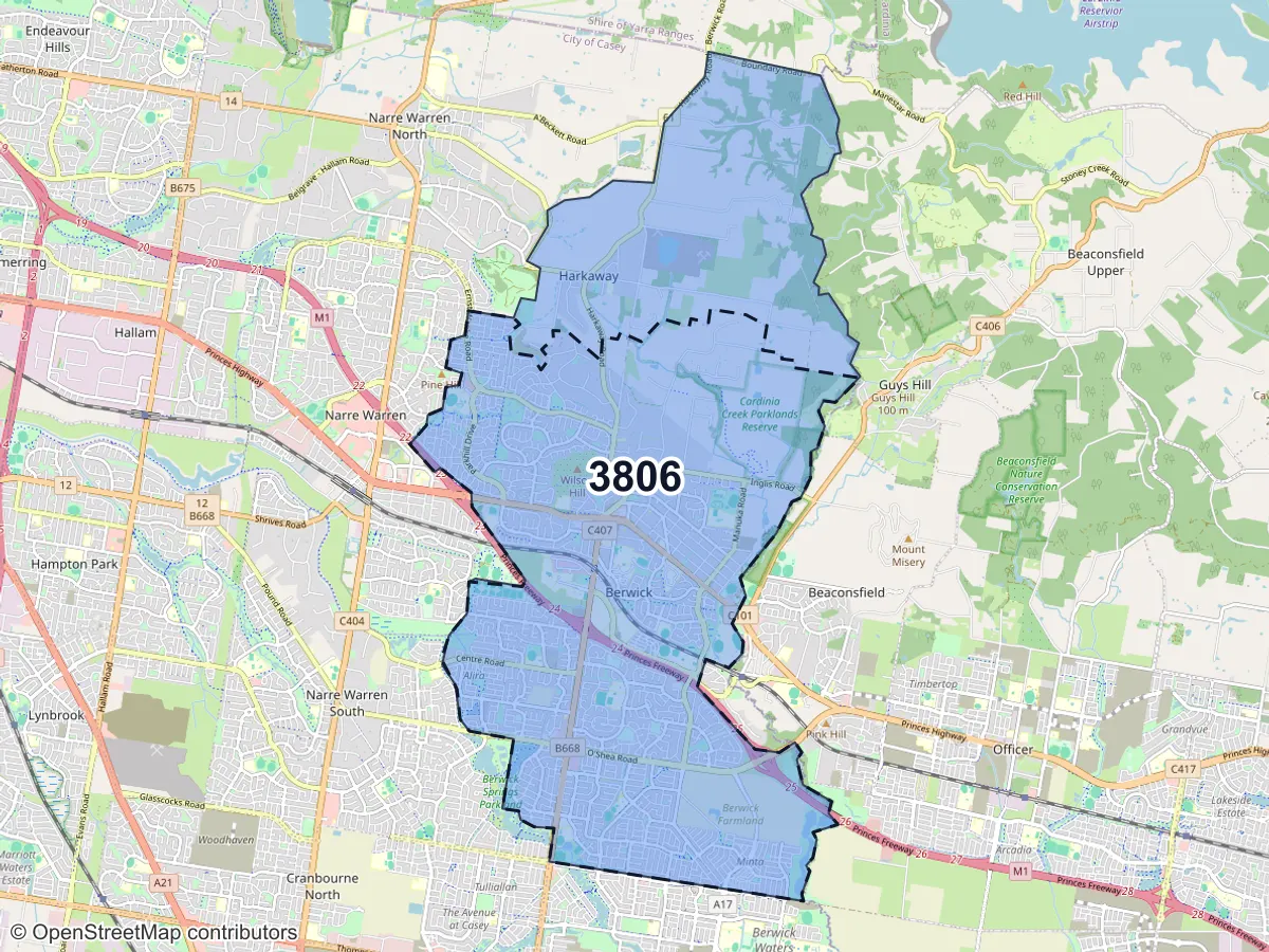 Map of Berwick, VIC, showing its postcode areas as colored shapes and the suburb outline as a dashed line