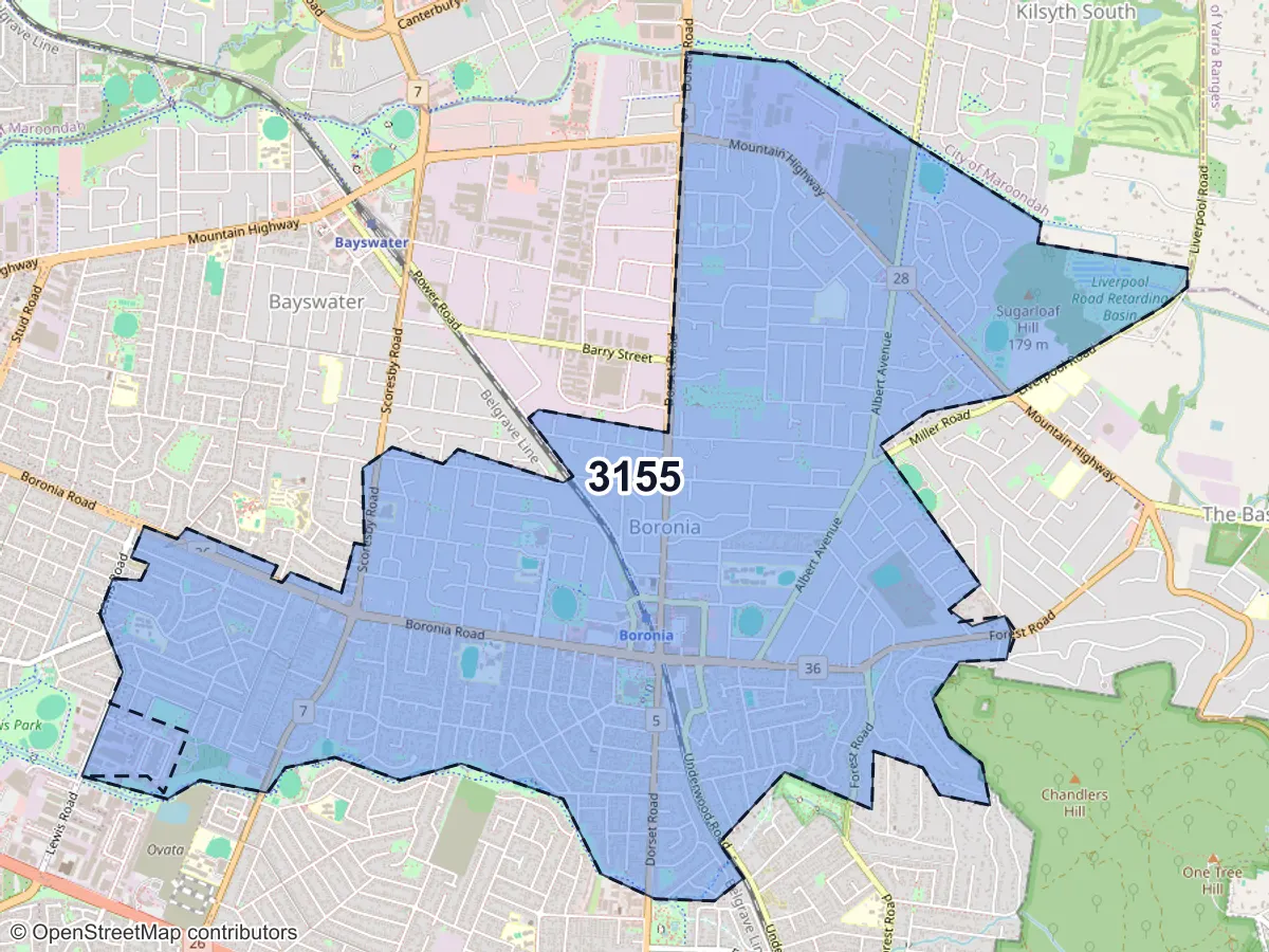 Map of Boronia, VIC, showing its postcode areas as colored shapes and the suburb outline as a dashed line