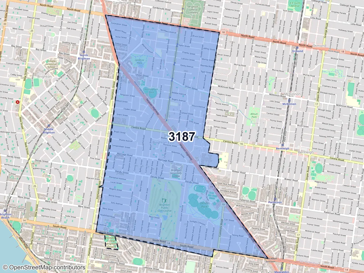 Map of Brighton East, VIC, showing its postcode areas as colored shapes and the suburb outline as a dashed line