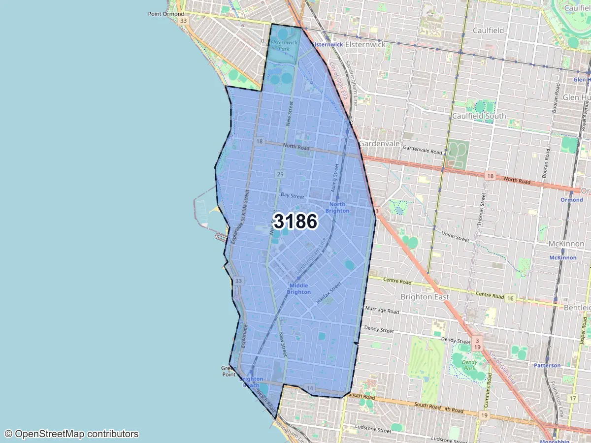 Map of Brighton, VIC, showing its postcode areas as colored shapes and the suburb outline as a dashed line