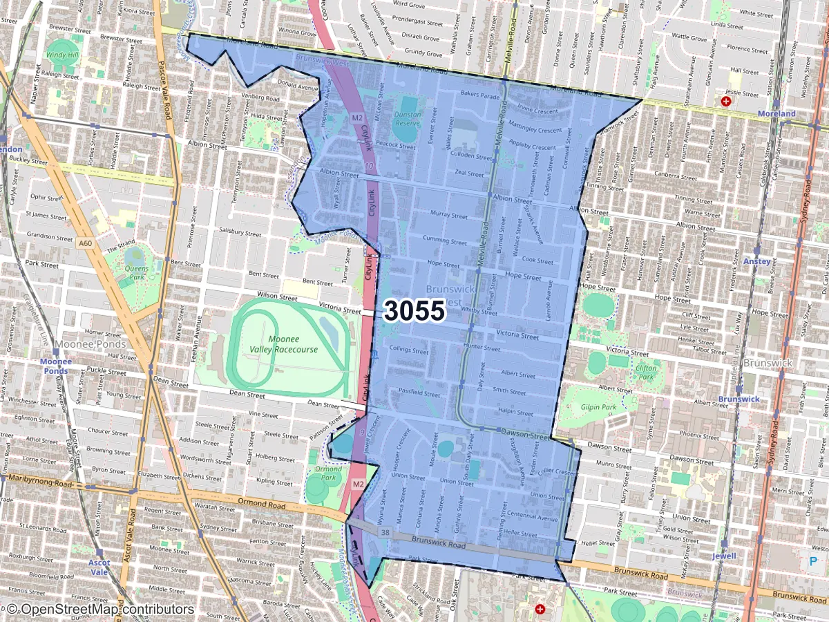 Map of Brunswick West, VIC, showing its postcode areas as colored shapes and the suburb outline as a dashed line