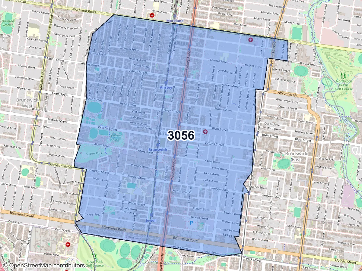 Map of Brunswick, VIC, showing its postcode areas as colored shapes and the suburb outline as a dashed line