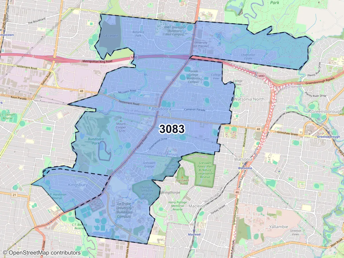 Map of Bundoora, VIC, showing its postcode areas as colored shapes and the suburb outline as a dashed line