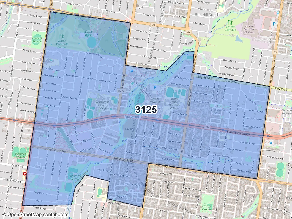 Map of Burwood, VIC, showing its postcode areas as colored shapes and the suburb outline as a dashed line