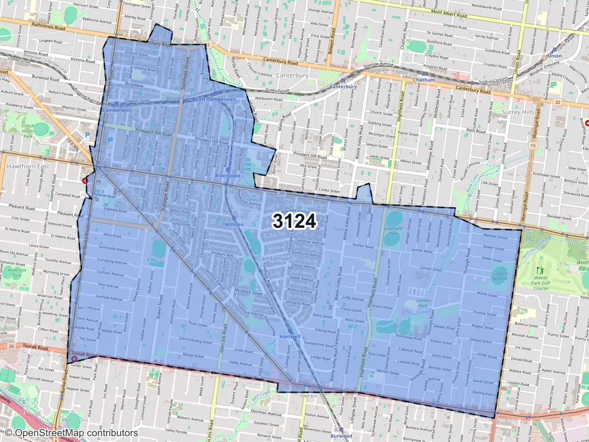 Map of Camberwell, VIC, showing its postcode areas as colored shapes and the suburb outline as a dashed line