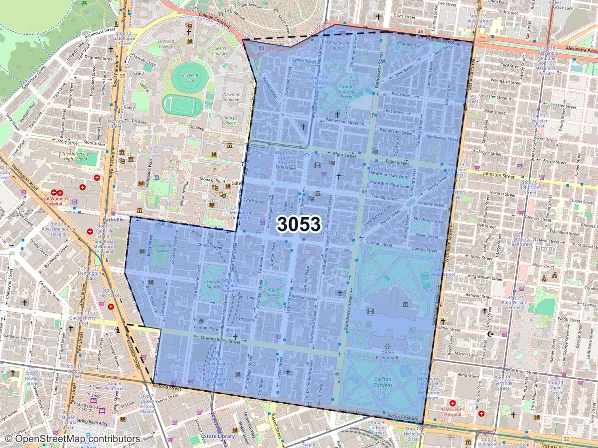 Map of Carlton, VIC, showing its postcode areas as colored shapes and the suburb outline as a dashed line