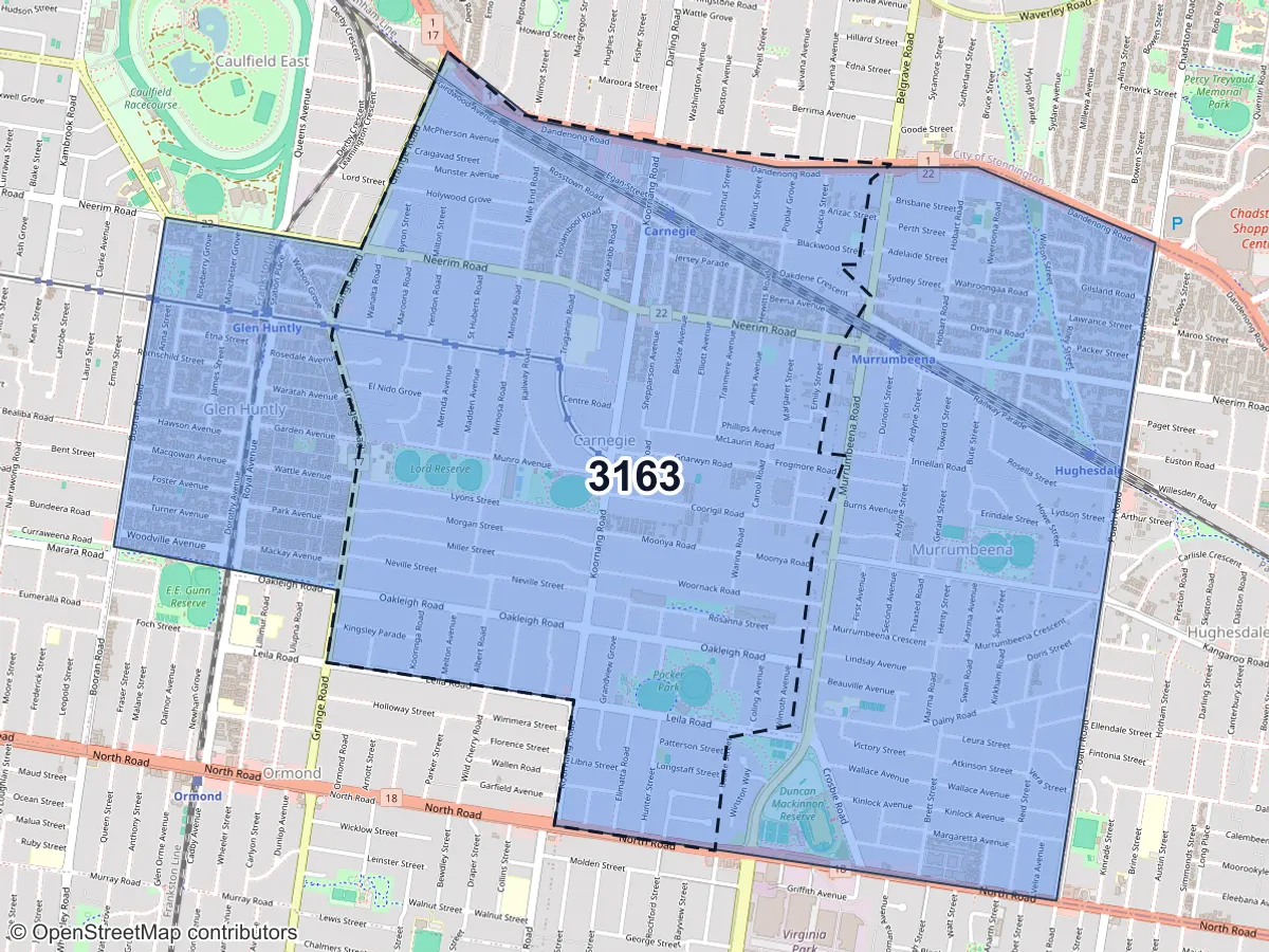 Map of Carnegie, VIC, showing its postcode areas as colored shapes and the suburb outline as a dashed line