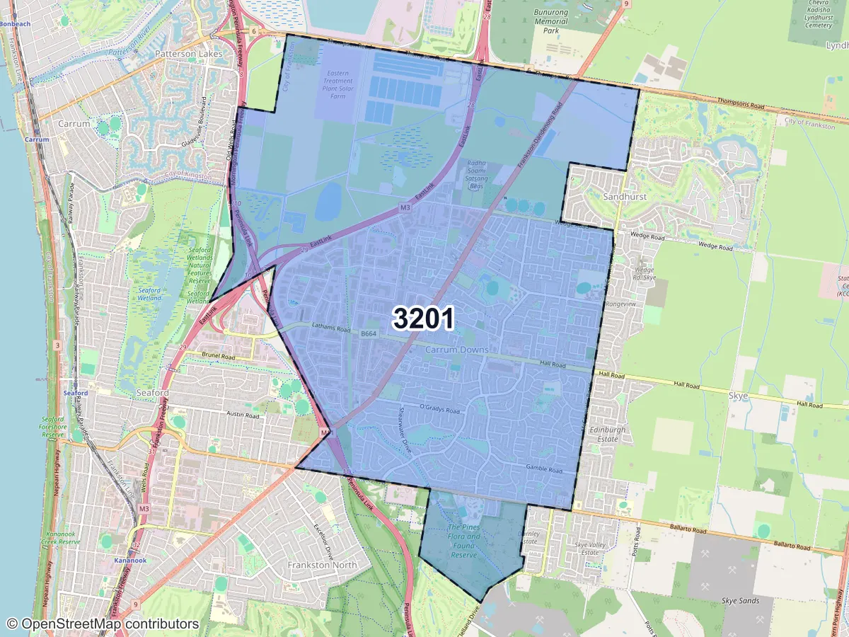 Map of Carrum Downs, VIC, showing its postcode areas as colored shapes and the suburb outline as a dashed line