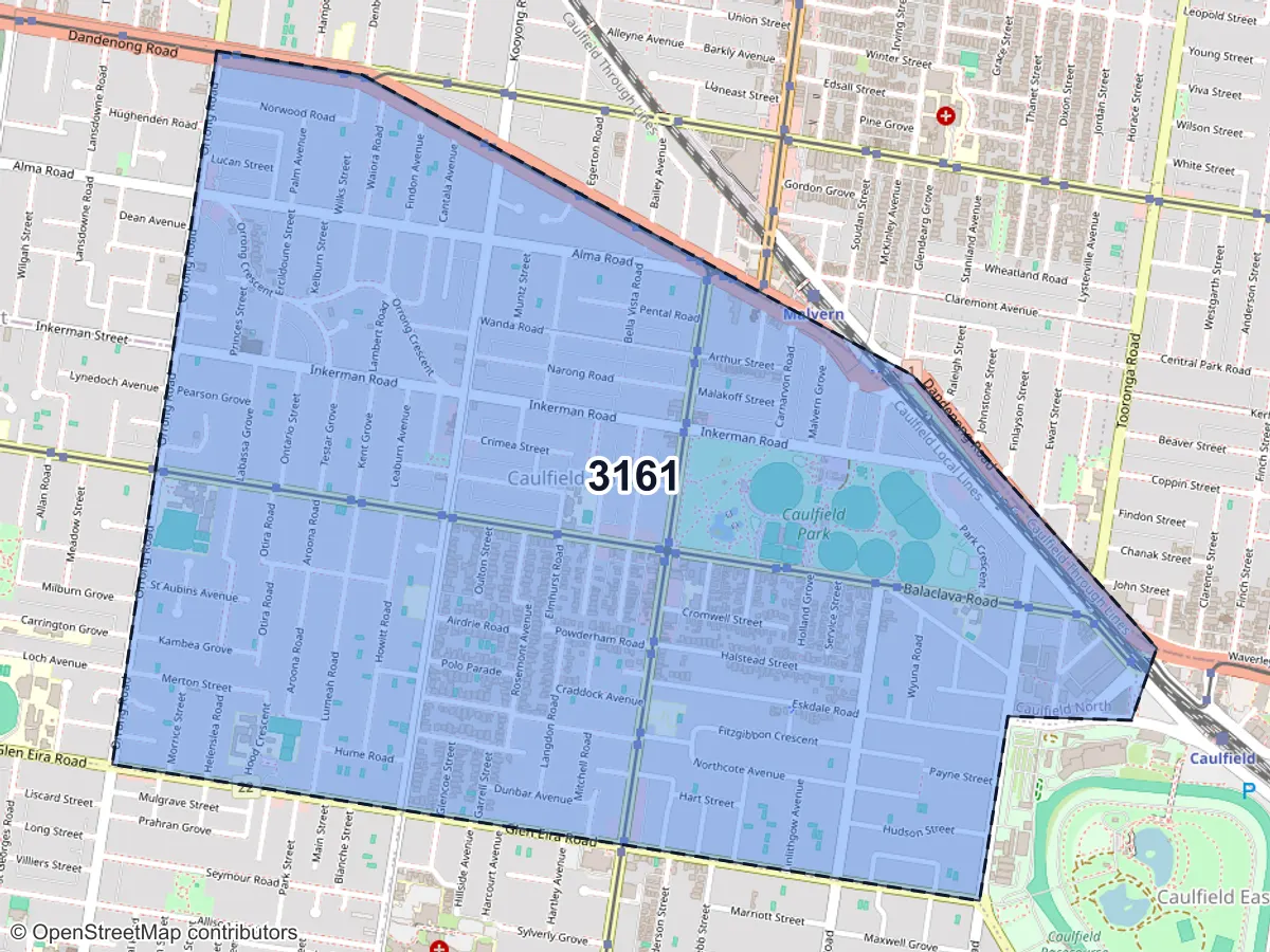 Map of Caulfield North, VIC, showing its postcode areas as colored shapes and the suburb outline as a dashed line
