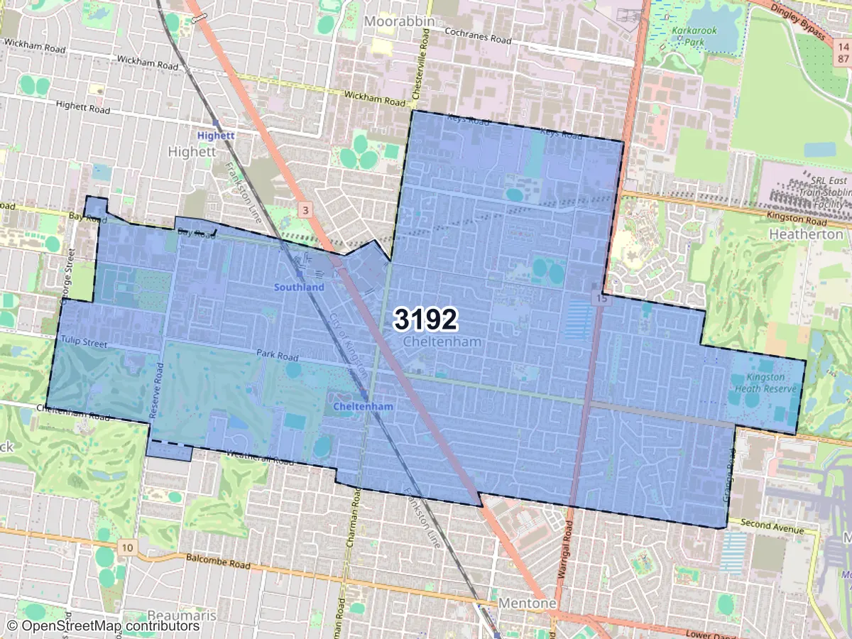 Map of Cheltenham, VIC, showing its postcode areas as colored shapes and the suburb outline as a dashed line