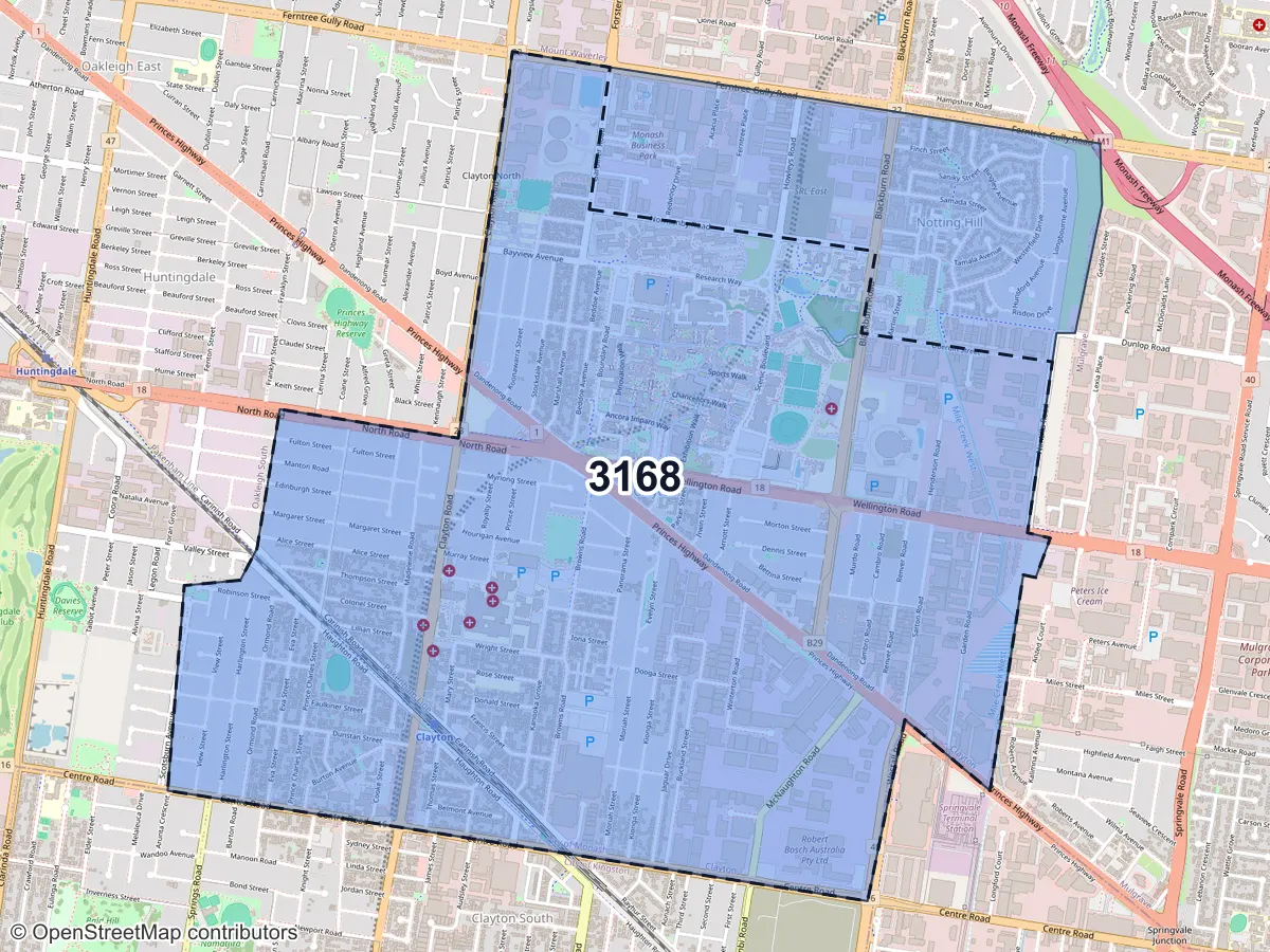 Map of Clayton, VIC, showing its postcode areas as colored shapes and the suburb outline as a dashed line
