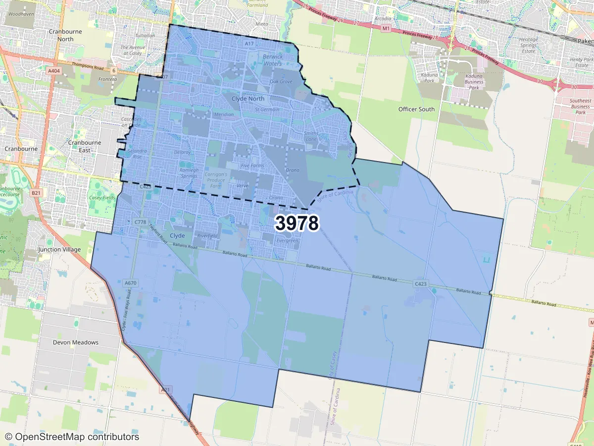 Map of Clyde North, VIC, showing its postcode areas as colored shapes and the suburb outline as a dashed line