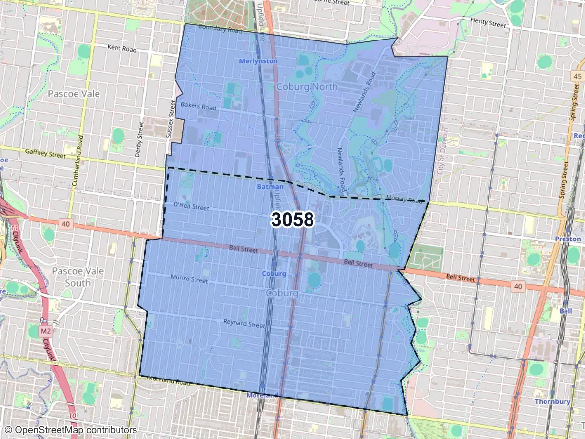 Map of Coburg, VIC, showing its postcode areas as colored shapes and the suburb outline as a dashed line