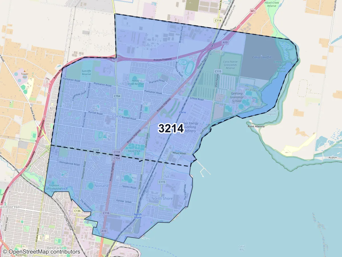 Map of Corio, VIC, showing its postcode areas as colored shapes and the suburb outline as a dashed line