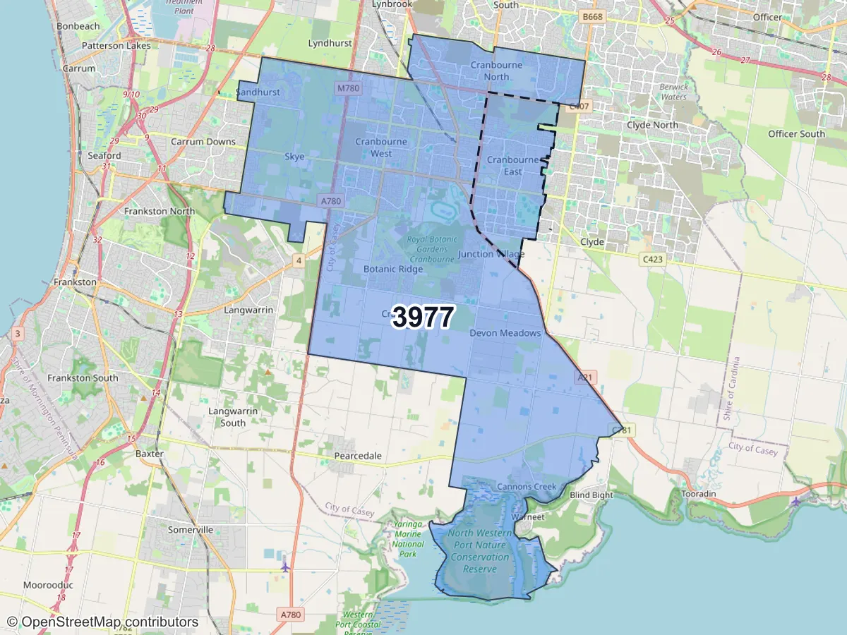 Map of Cranbourne East, VIC, showing its postcode areas as colored shapes and the suburb outline as a dashed line