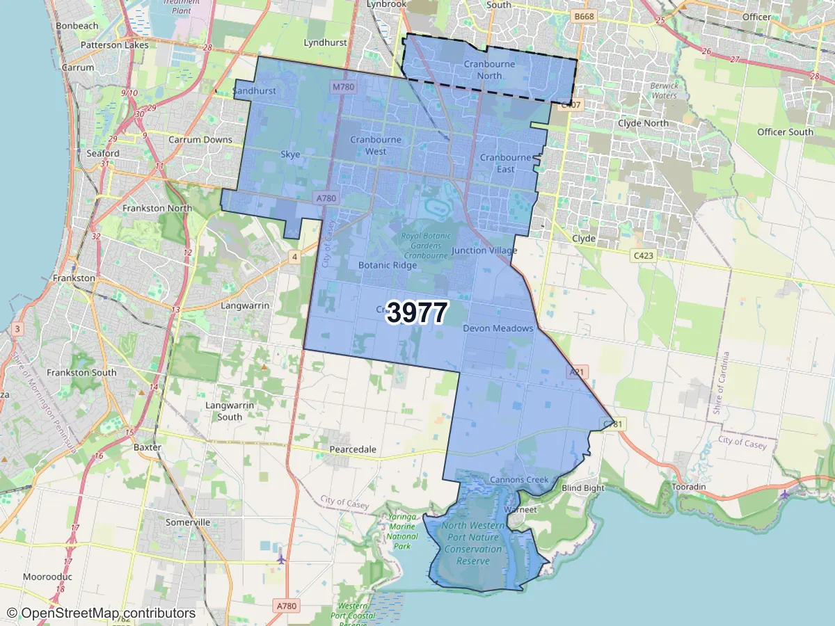 Map of Cranbourne North, VIC, showing its postcode areas as colored shapes and the suburb outline as a dashed line