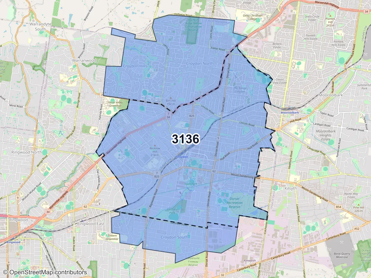 Map of Croydon, VIC, showing its postcode areas as colored shapes and the suburb outline as a dashed line