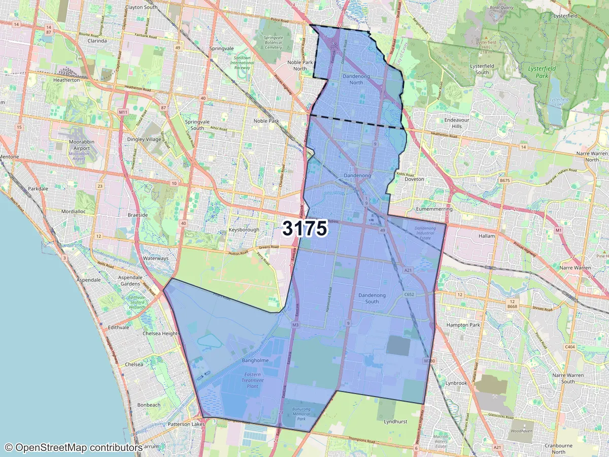 Map of Dandenong North, VIC, showing its postcode areas as colored shapes and the suburb outline as a dashed line