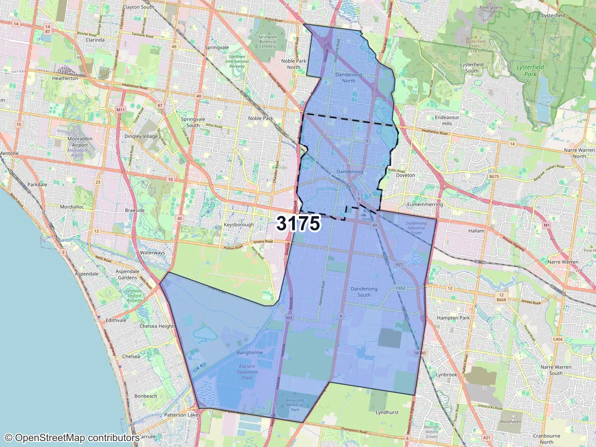 Map of Dandenong, VIC, showing its postcode areas as colored shapes and the suburb outline as a dashed line
