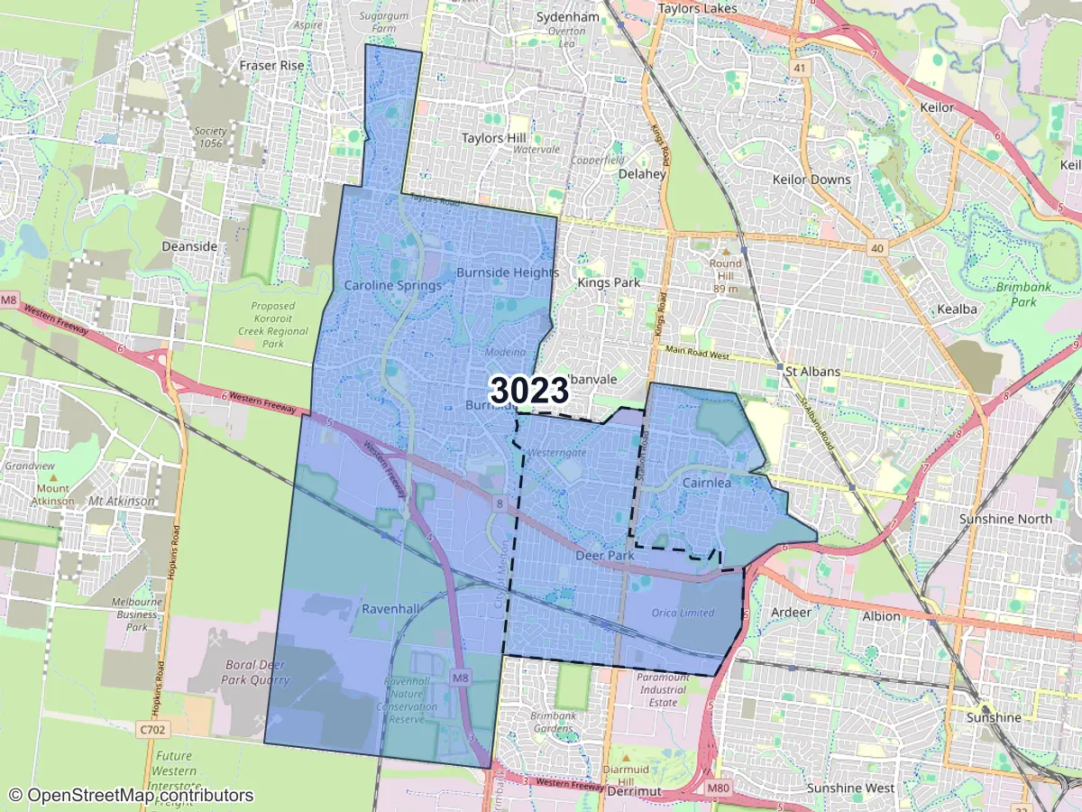 Map of Deer Park, VIC, showing its postcode areas as colored shapes and the suburb outline as a dashed line