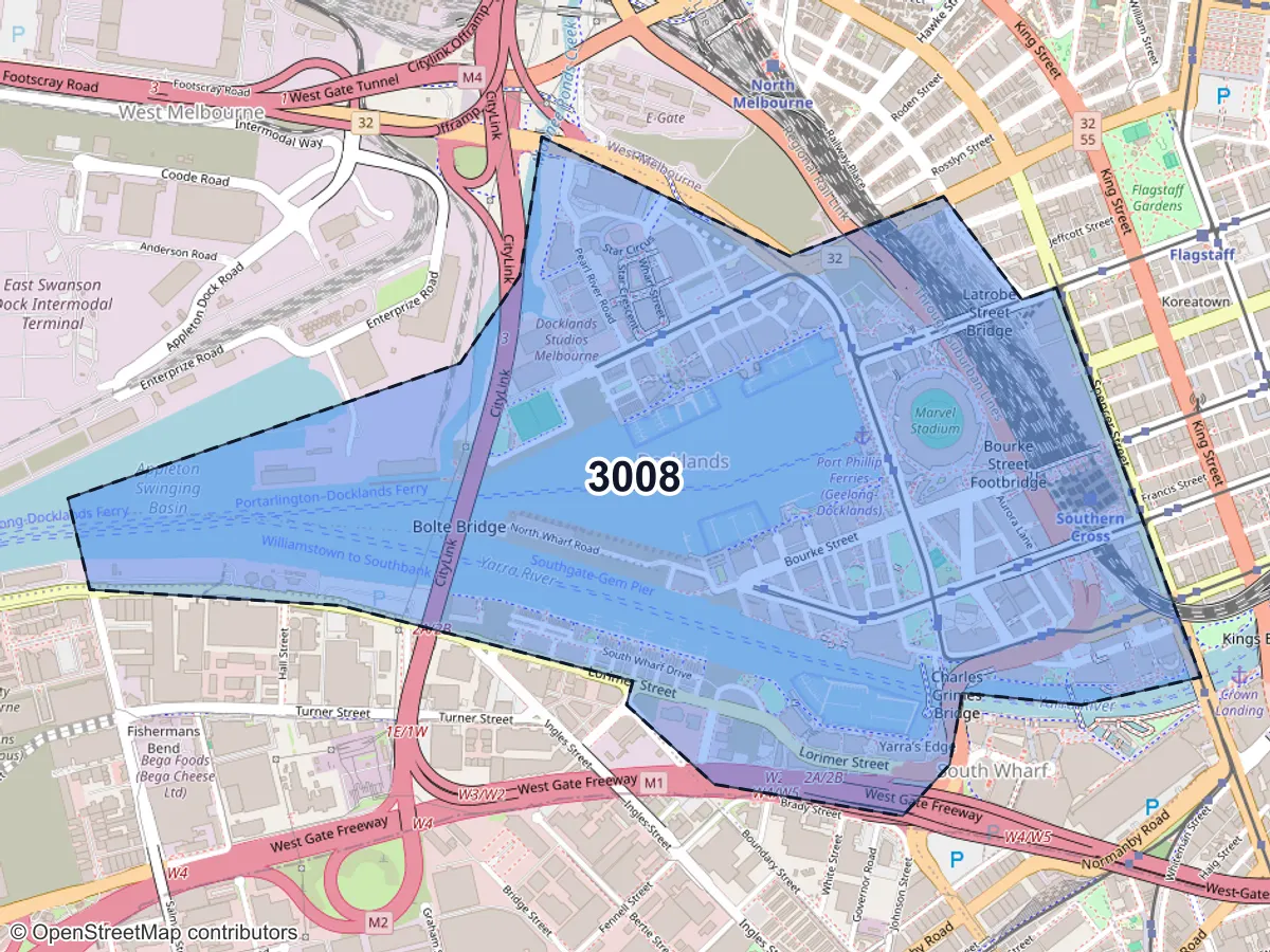 Map of Docklands, VIC, showing its postcode areas as colored shapes and the suburb outline as a dashed line