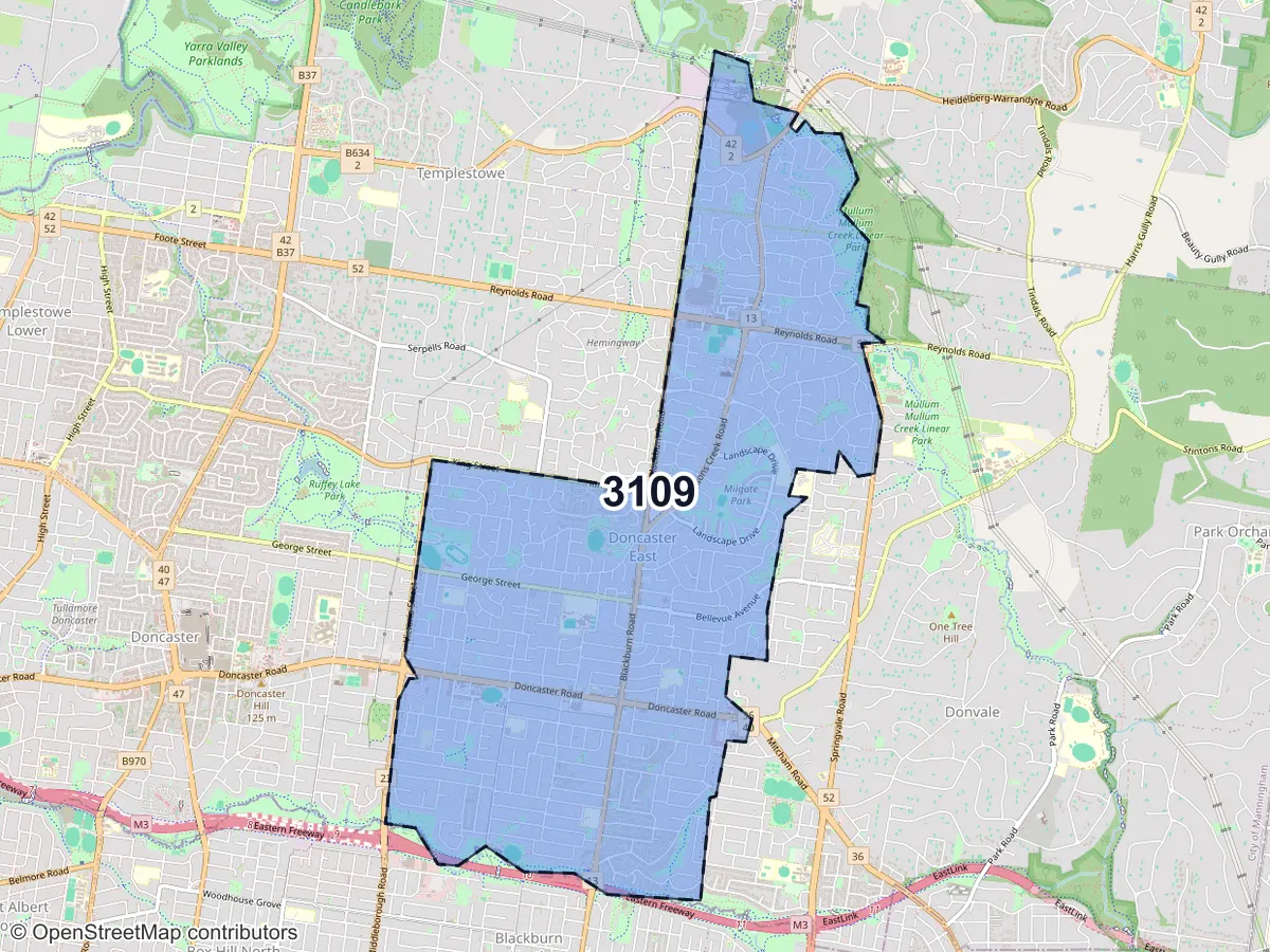 Map of Doncaster East, VIC, showing its postcode areas as colored shapes and the suburb outline as a dashed line