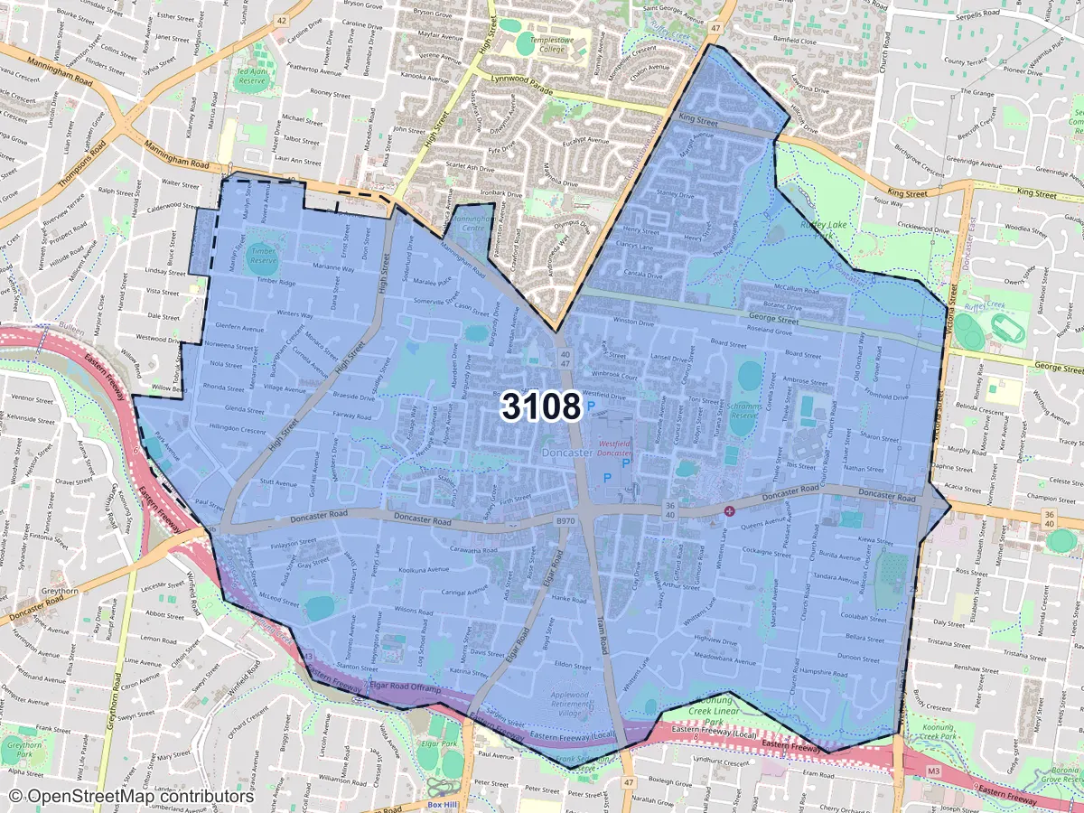 Map of Doncaster, VIC, showing its postcode areas as colored shapes and the suburb outline as a dashed line
