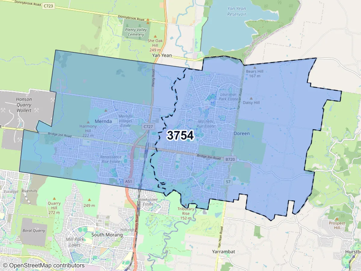 Map of Doreen, VIC, showing its postcode areas as colored shapes and the suburb outline as a dashed line
